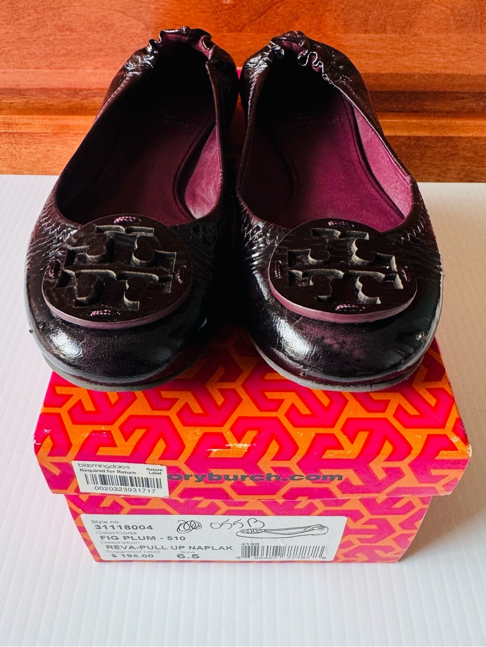 Tory Burch Fig Plum Reva Naplak Patent Leather Flat